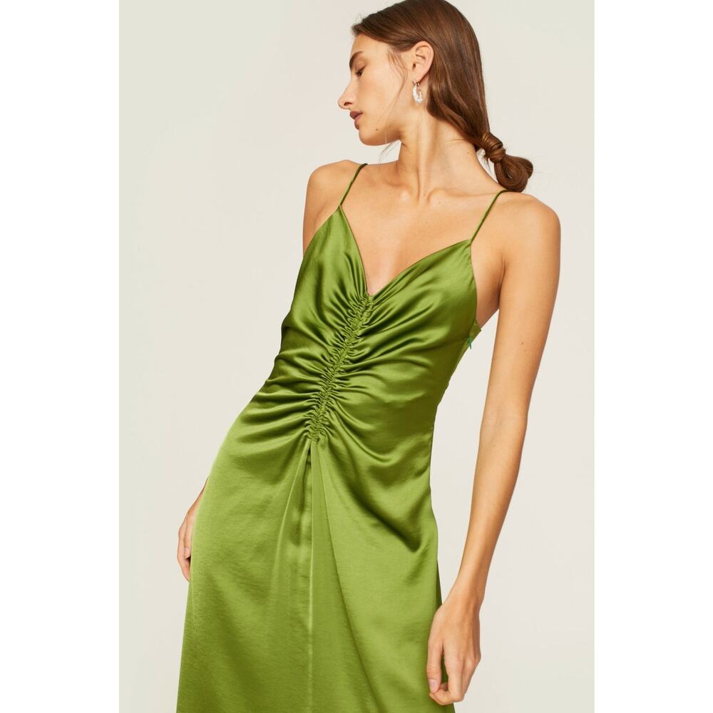 Sandro Zola Green Satin Ruched Front Tie Strap Slip Cocktail Midi Dress Size 4 - Picture 3 of 15
